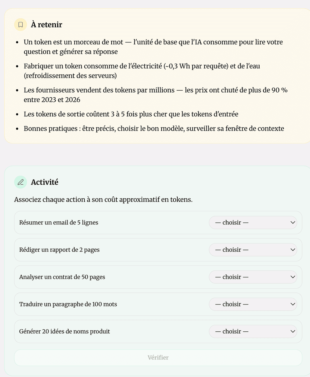 Grain de micro-learning Quest : section À retenir avec les concepts clés sur les tokens, et activité interactive de mise en pratique