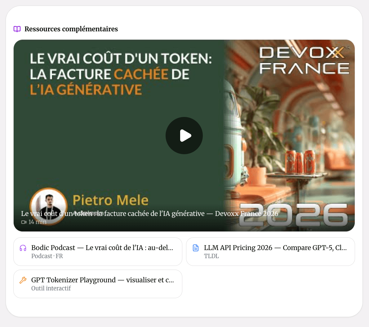 Ressources complémentaires — vidéos et podcasts sur les tokens et le coût de l'IA générative